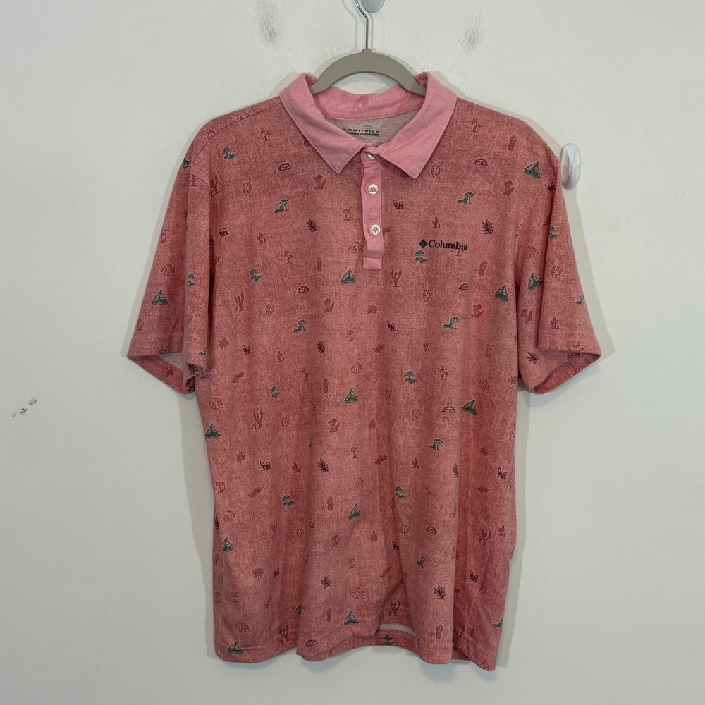 Columbia Mens Polo Shirt L Pink Tropical Beach Print Omni-Wick Golf Coastal